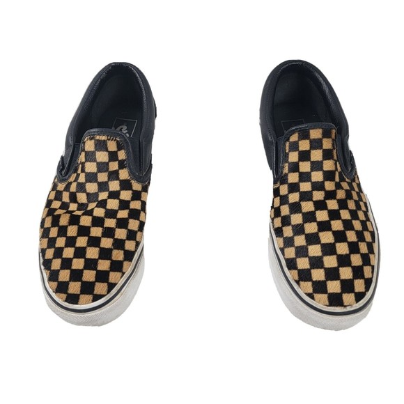 Vans Classic Slip On Calf Hair Tan Checkerboard Sneakers Men's Size 8.5 Womens 9 - Picture 2 of 10